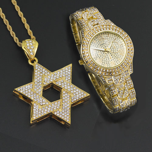 Full Iced Out Bling Rapper's Watch And CZ Crystal Hexagram