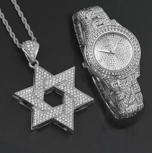 Full Iced Out Bling Rapper's Watch And CZ Crystal Hexagram