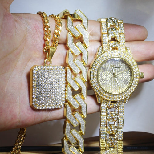 Men Hip Hop Full Iced Out Lab CZ AAA Watch & Bracelet & Iced Square