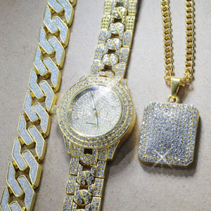 Men Hip Hop Full Iced Out Lab CZ AAA Watch & Bracelet & Iced Square