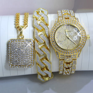 Men Hip Hop Full Iced Out Lab CZ AAA Watch & Bracelet & Iced Square