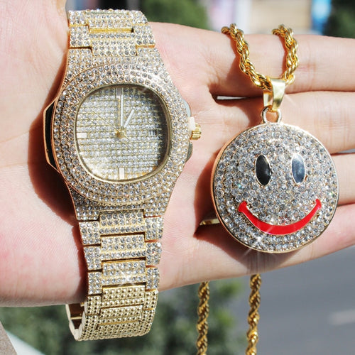 Men Hip Hop Full Iced Out Rapper's Watch & Smiley Face CZ
