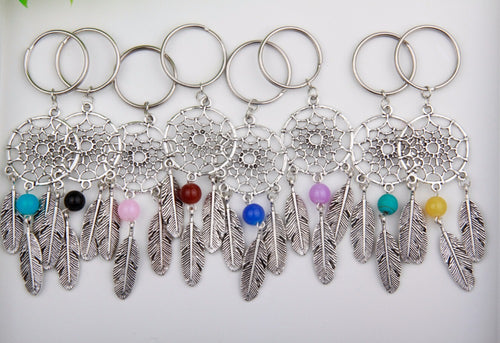 Hot Multi Bead Antique Silver Dreamcatcher Feather Tassel Charm Keychain Vintage Style Keyring Women Bag Jewelry Valentines Gift